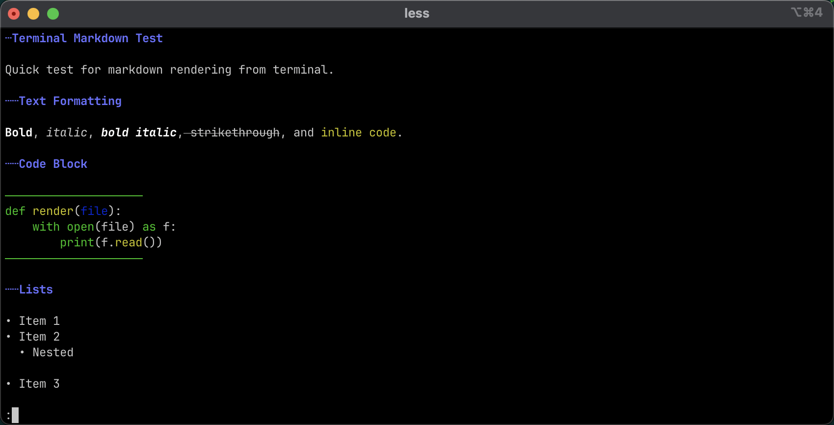 mdcat terminal rendering with rich formatting and syntax highlighting