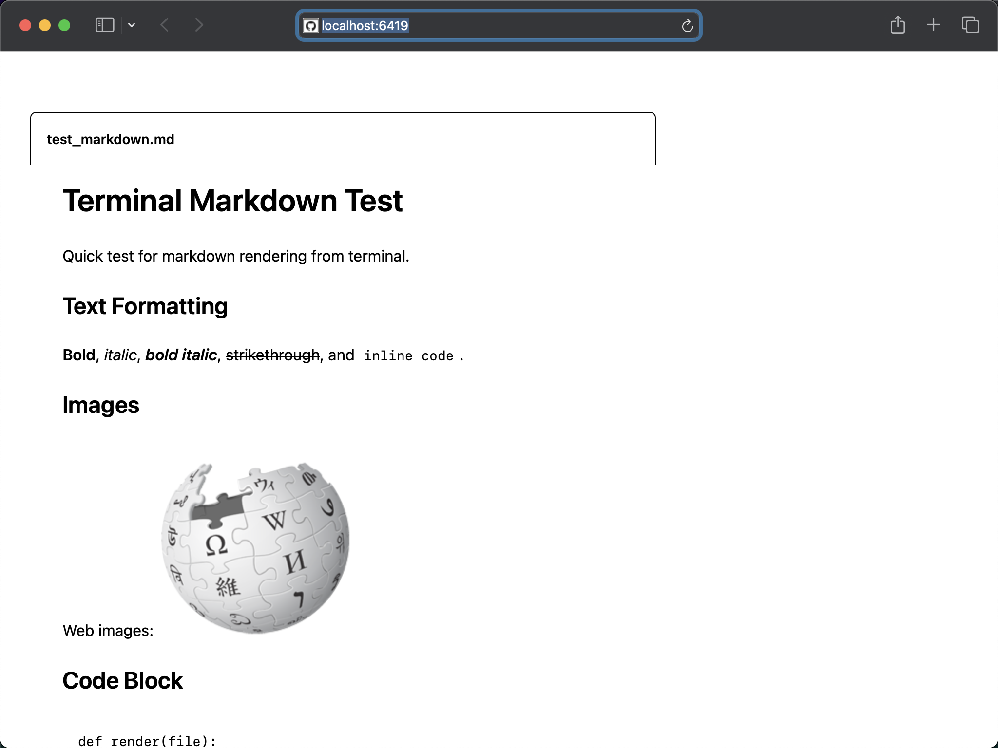 Grip browser view showing GitHub-flavored markdown rendering